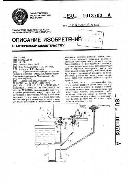 Стенд для испытаний ведущего моста автомобиля (патент 1013702)