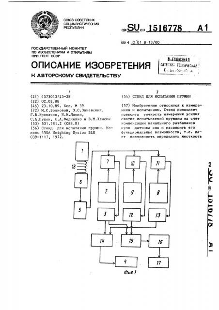 Стенд для испытания пружин (патент 1516778)