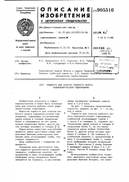 Подмости для осмотра рабочего колеса радиально-осевой гидромашины (патент 905510)