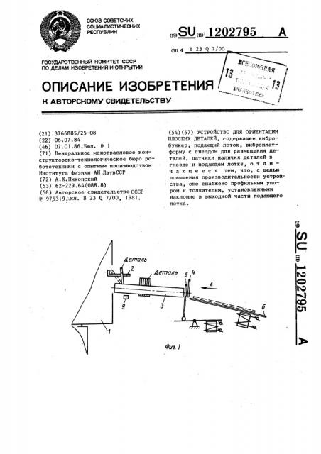 Устройство для ориентации плоских деталей (патент 1202795)