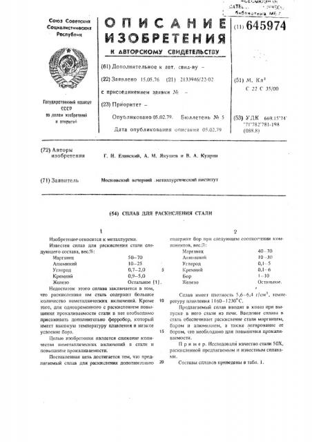 Сплав для раскисления стали (патент 645974)