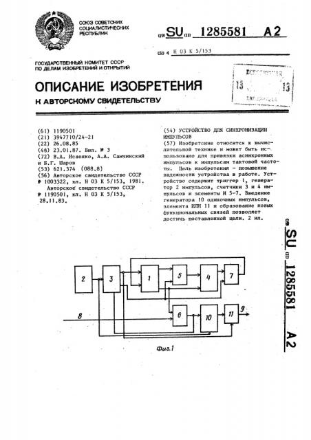 Устройство для синхронизации импульсов (патент 1285581)