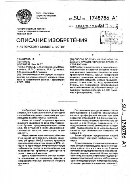 Способ получения красного пищевого красителя из ягод травянистой бузины (патент 1748786)