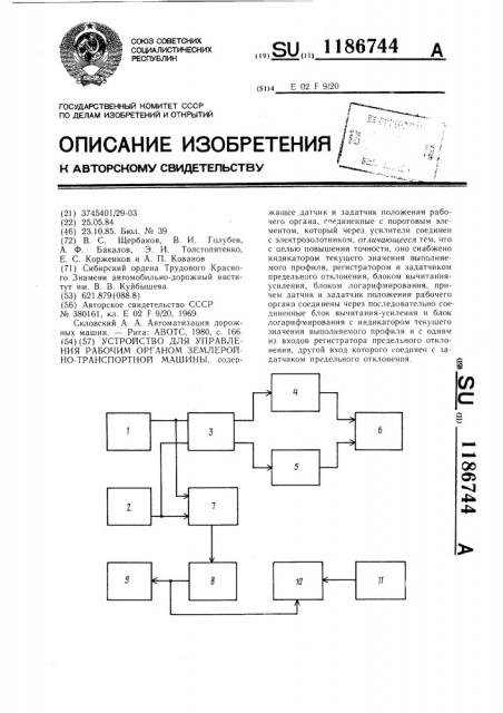 Устройство для управления рабочим органом землеройно- транспортной машины (патент 1186744)