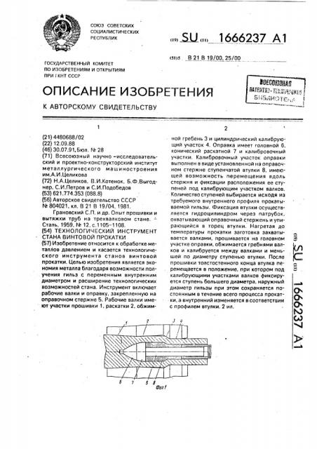 Технологический инструмент стана винтовой прокатки (патент 1666237)