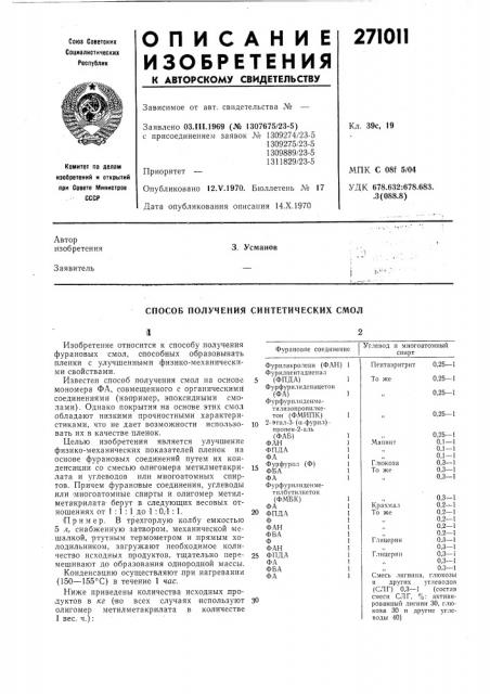 Способ получения синтетических смол (патент 271011)