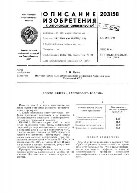 Способ отделки капронового волокна (патент 203158)