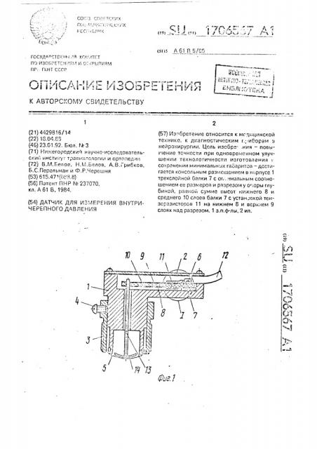 Датчик для измерения внутричерепного давления (патент 1706567)