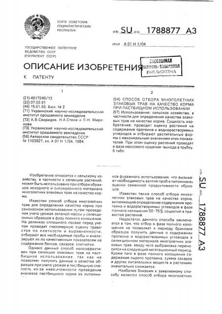 Способ отбора многолетних злаковых трав на качество корма при пастбищном использовании (патент 1788877)