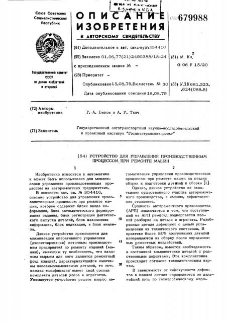 Устройство для управления производственным процессом при ремонте машин (патент 679988)