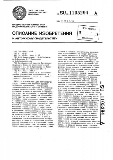 Устройство для автоматического управления рабочим циклом врезного шлифования (патент 1105294)