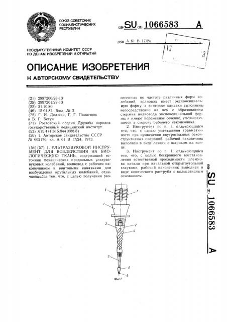 Ультразвуковой инструмент для воздействия на биологическую ткань (патент 1066583)