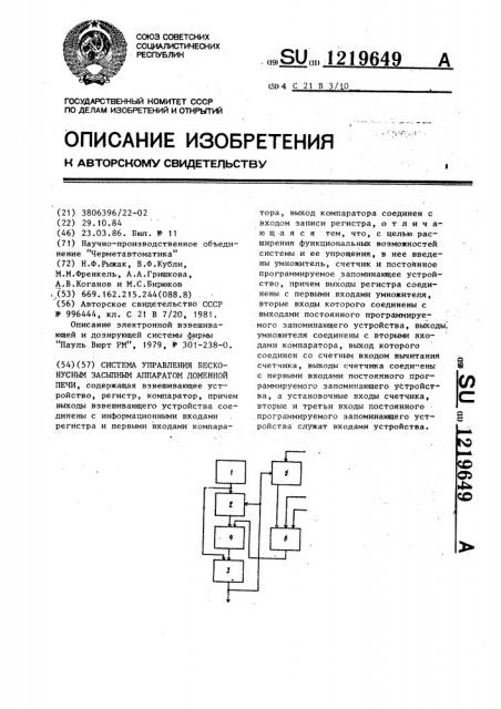 Система управления бесконусным засыпным аппаратом доменной печи (патент 1219649)