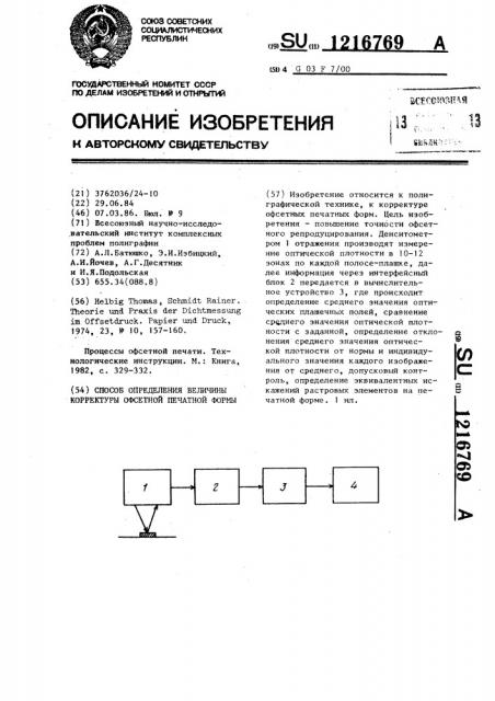 Способ определения величины корректуры офсетной печатной формы (патент 1216769)