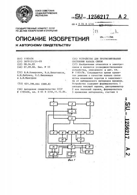 Устройство для прогнозирования состояния канала связи (патент 1256217)