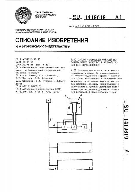 Способ стимуляции функций молочных желез животных и устройство для его осуществления (патент 1419619)