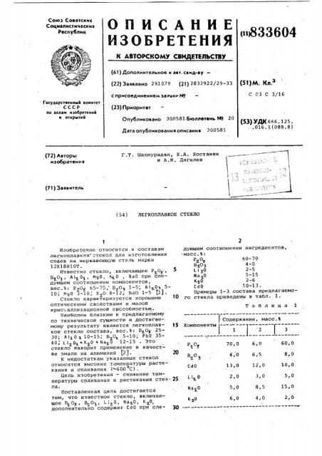 Легкоплавкое стекло (патент 833604)