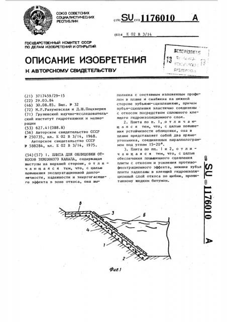 Плита м.р.разумовской и д.ш.поцхверия для облицовки откосов земляного канала (патент 1176010)