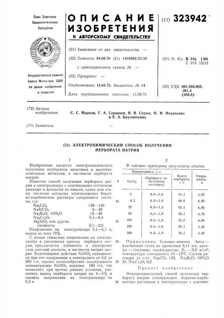 Электрохимический способ получения пербората натрия (патент 323942)