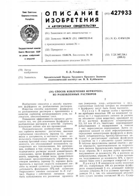 Способ извлечения фурфурола из разбавленных растворов (патент 427933)
