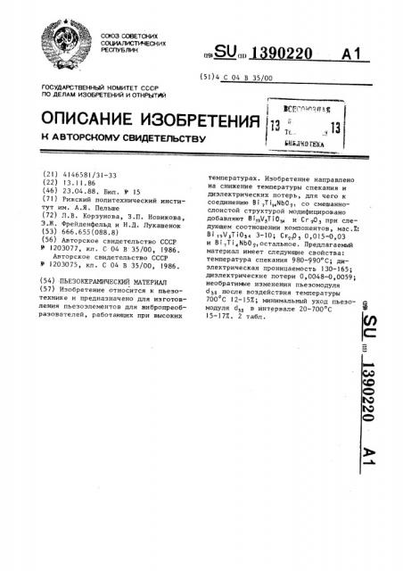 Пьезокерамический материал (патент 1390220)