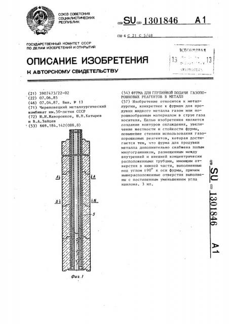 Фурма для глубинной подачи газопорошковых реагентов в металл (патент 1301846)