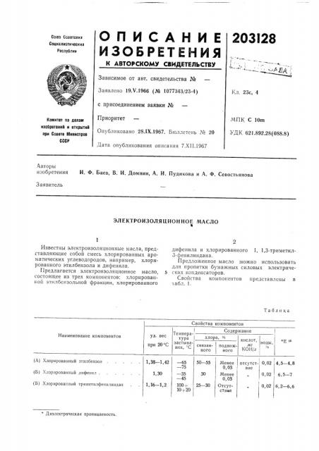 Электроизоляционное масло (патент 203128)