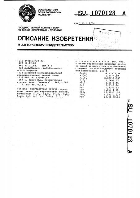 Подглазурная краска (патент 1070123)