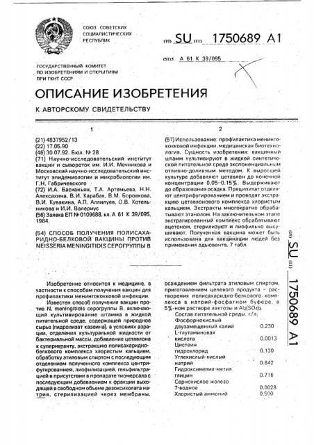 Способ получения полисахаридно-белковой вакцины против neisseria меningiтidis серогруппы в (патент 1750689)