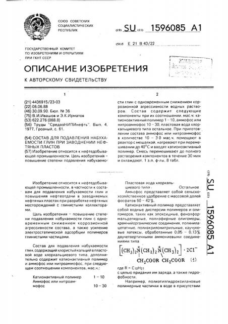 Состав для подавления набухаемости глин при заводнении нефтяных пластов (патент 1596085)