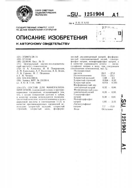 Состав для минерализации зубов (патент 1251904)