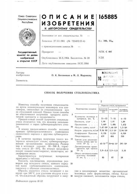 Способ получения стеклопластика (патент 165885)