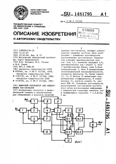 Цифровой коррелятор для обнаружения эхо-сигналов (патент 1481795)