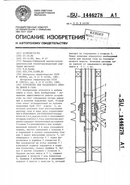 Устройство для раздельного отбора нефти и газа (патент 1446278)