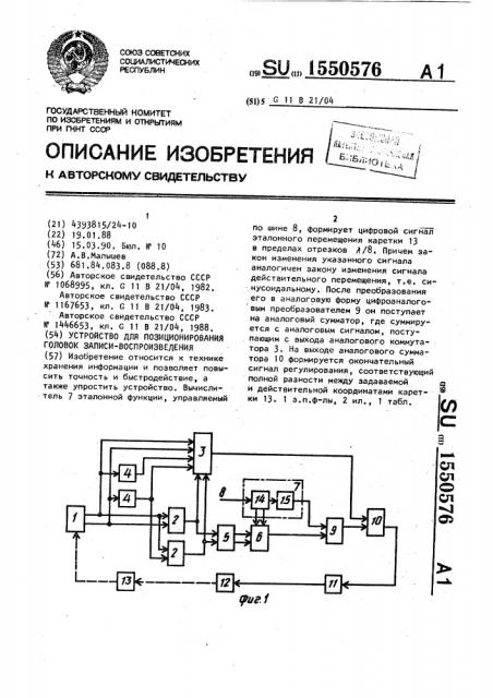 Устройство для позиционирования головок записи- воспроизведения (патент 1550576)