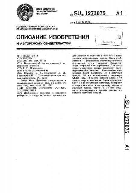 Способ лечения острого холецистита (патент 1273075)