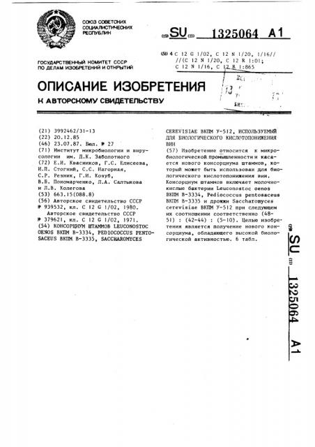 Консорциум штаммов lеnсоnоsтос oenos вкпм в-3334, pediococcus реnтоsасеns вкпм в-3335,sасснаrомuсеs cerovisiae вкпм y-512,используемый для биологического кислотопонижения вин (патент 1325064)