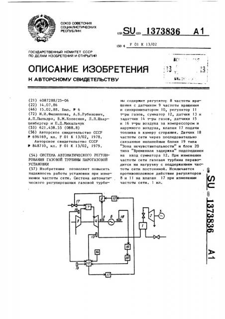 Система автоматического регулирования газовой турбины парогазовой установки (патент 1373836)