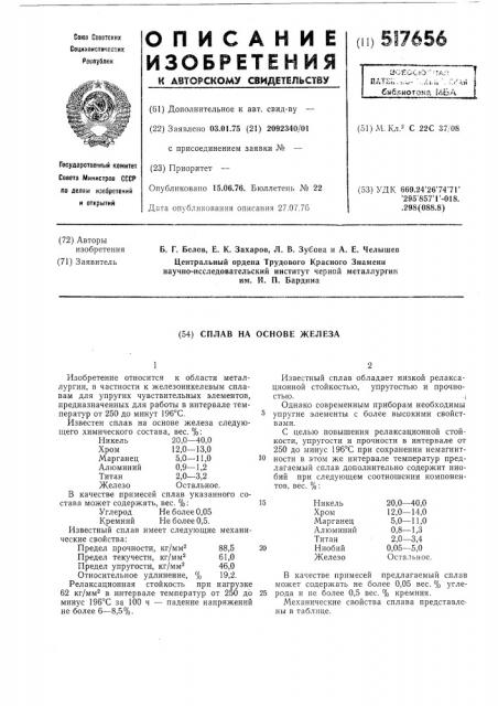 Сплав на основе железа (патент 517656)