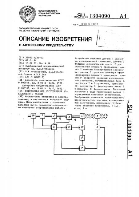 Устройство для изготовления коаксиального кабеля (патент 1304090)