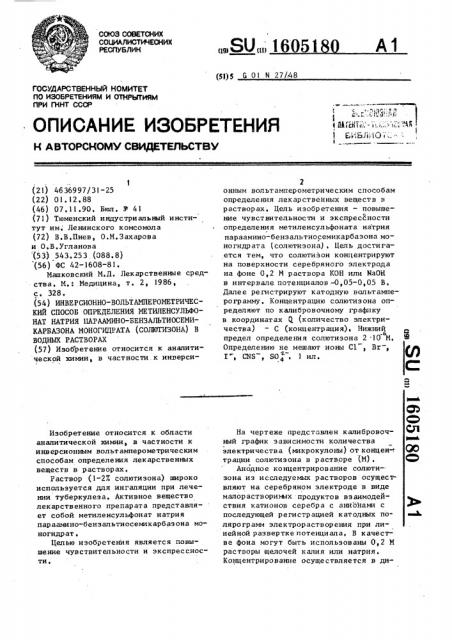 Инверсионно-вольтамперометрический способ определения метиленсульфонат натрия парааминобензальтиосемикарбазона моногидрата (солютизона) в водных растворах (патент 1605180)