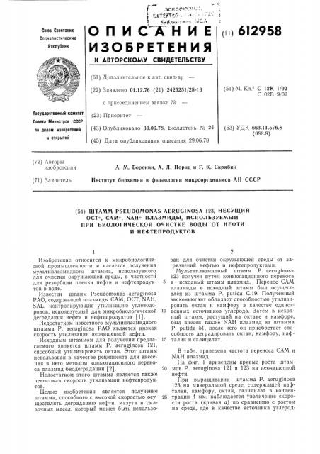 Штамм 123, несущий ост , сам , ан плазмиды, используемый при биологической очистке воды от нефти и нефтепродуктов (патент 612958)
