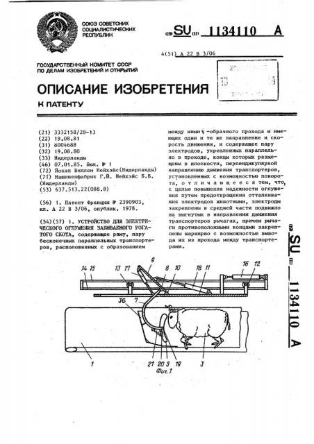 Устройство для электрического оглушения забиваемого рогатого скота (патент 1134110)
