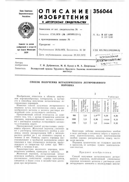 Способ получения металлического легированногопорошка (патент 356044)
