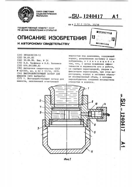 Быстродействующий затвор для емкости /его варианты/ (патент 1240417)