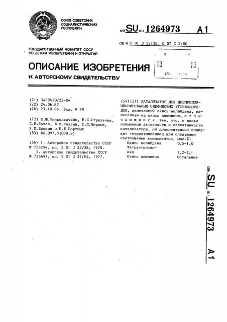 Катализатор для диспропорционирования олефиновых углеводородов (патент 1264973)