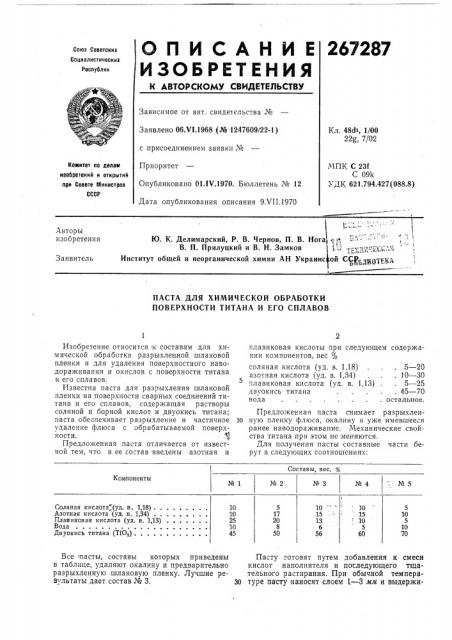 Паста для химической обработки поверхности титана и его сплавов (патент 267287)