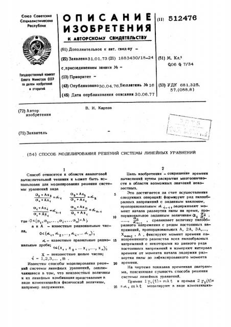 Способ моделирования решений систем линейных управлений (патент 512476)