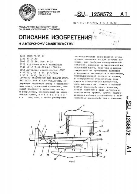 Устройство для подачи штучных заготовок в зону обработки (патент 1258572)