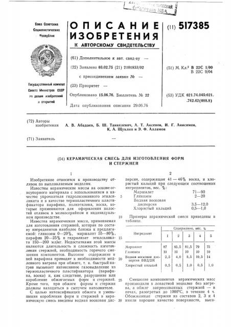 Керамическая смесь для изготовления форм и стержней (патент 517385)